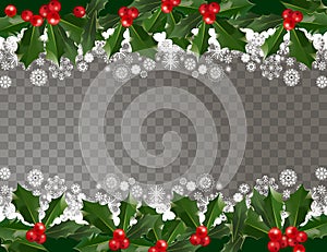 Merry Christmas and Happy New Year garland pattern border with holly berries and snowflakes on transparent background.