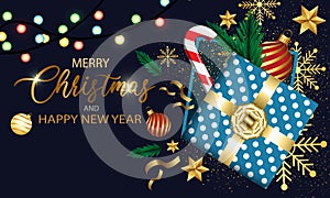 Merry Christmas and Happy New Year Gift box on blue night with text design for holiday festival celebration vector background