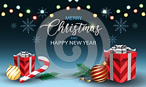 Merry Christmas and Happy New Year Gift box on blue with text design for holiday festival celebration vector background