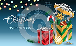 Merry Christmas and Happy New Year Gift box on blue with text design for holiday festival celebration vector background