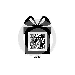 Merry Christmas and Happy New Year! Gift box with bow and greetings. Icon. Black and white. Vector QR code. 2019