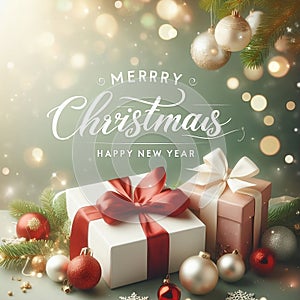 Merry Christmas and happy new year - Gift box and ornaments on light green background with magic lights - Banner,