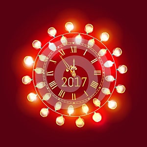 Merry Christmas and Happy new year 2017 gold clock face with christmas glowing electric garland decorate on red background.