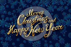 Merry Christmas and Happy New Year gold Shiny Glitter. Calligraphy Typographical on golden Xmas background with winter landscape w