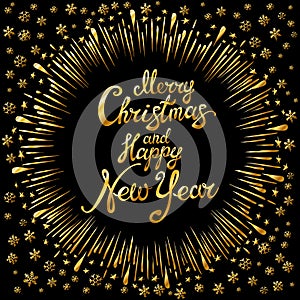Merry Christmas and Happy New Year gold Shiny Glitter. Calligraphy Typographical on golden Xmas background with winter landscape w