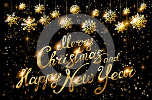 Merry Christmas and Happy New Year gold Shiny Glitter. Calligraphy Typographical on golden Xmas background with winter landscape w