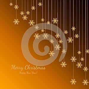 Merry Christmas and Happy New Year with gold snowflakes. Holiday background. Decorative design for card, banner, greeting, vintage