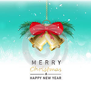 Merry Christmas and Happy New Year, golden bells decoration greeting card, snowflakes and stars sparkle background seasonal