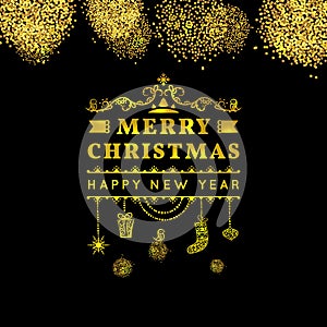 Merry christmas happy new year golden card. gold Christmas typographic message with glitter, hanging toys, bauble, gift,, sock. Id