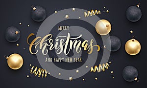 Merry Christmas and Happy New Year golden decoration, hand drawn calligraphy gold font for greeting card premium black background