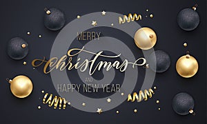Merry Christmas and Happy New Year golden decoration, hand drawn gold calligraphy font for greeting card black background. Vector