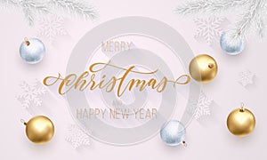 Merry Christmas and Happy New Year golden decoration, hand drawn gold calligraphy font for greeting card white background. Vector