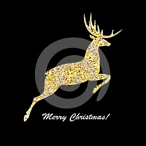 Merry Christmas and happy new year. Golden deer jumping, for print, card or holiday