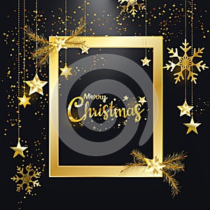 Merry Christmas Happy New Year golden glitter christmas elegant frame decoration black background