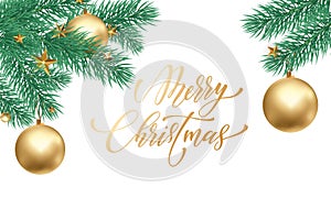 Merry Christmas and Happy New Year golden hand drawn quote calligraphy font and golden star ornament for holiday greeting card. Ve