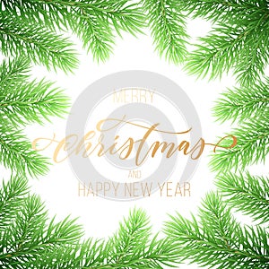 Merry Christmas and Happy New Year golden hand drawn quote calligraphy font on wreath ornament for holiday greeting card. Vector C