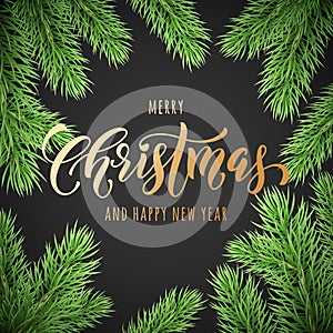 Merry Christmas and Happy New Year golden hand drawn quote calligraphy font on wreath ornament for holiday greeting card. Vector C