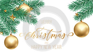 Merry Christmas and Happy New Year golden hand drawn quote calligraphy and star ornament decoration on white snow for holiday gold