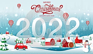 Merry Christmas, happy new year, 2022, Golden ,Landscape fantasy ,vector illustration