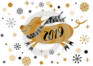 Vector phrase 2019 Merry Christmas Happy New Year golden pig shape gold snowflakes label badge print sign poster card