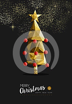 Merry christmas happy new year golden tree low poly