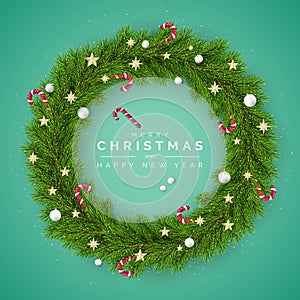Merry Christmas and Happy New Year Greating Card. Christmas Tree Wreath Decorated with Christmas balls and Candy Canes. Holiday