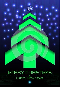 Merry Christmas and Happy New Year green arrow tree on blue curcuit light energy technology design for holiday festival