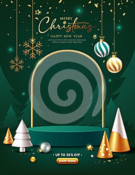 Merry christmas and happy new year, green podium display ornaments poster flyer design on green background