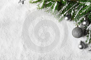Merry christmas and happy new year greeting background with copy-space. Winter background with snow and christmas light