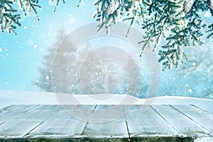 Merry christmas and happy new year greeting background with table