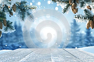 Merry Christmas and happy New Year greeting background with table .Winter landscape
