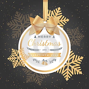 Merry Christmas and Happy New Year Greeting Background. Xmas card. Ball with bow, ribbon and golden snowflakes sprinkled with spar