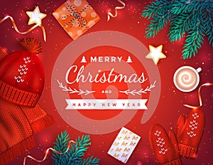 Merry Christmas and Happy New Year Greeting Background. Xmas card. Banner template. Christmas tree branches, gift box, coffee, red