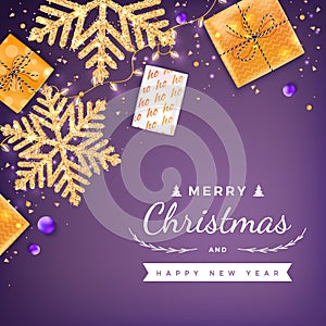 Merry Christmas and Happy New Year Greeting Background. Xmas card. Banner template. Gift boxes, snowflakes with gold confetti, bol