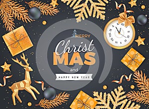 Merry Christmas and Happy New Year Greeting Background. Xmas card. Banner template. Golden decorations, realistic elements. Gift b