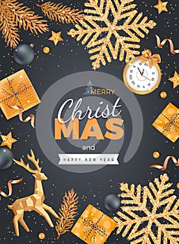 Merry Christmas and Happy New Year Greeting Background. Xmas card. Banner template. Golden snowflakes with confetti, gift boxes, w