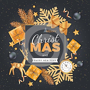 Merry Christmas and Happy New Year Greeting Background. Xmas card. Banner template. Golden snowflakes sprinkled with, gift boxes,