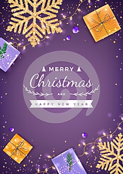 Merry Christmas and Happy New Year Greeting Background. Xmas card. Banner template. Snowflakes with gold confetti, gift boxes, gar