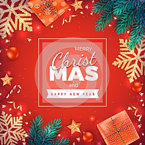 Merry Christmas and Happy New Year Greeting Background. Xmas card. Christmas tree branches, gift boxes, snowflakes with gold confe