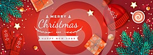 Merry Christmas and Happy New Year Greeting Banner template. Xmas card Background. Christmas tree branches, gift boxes, coffee cup