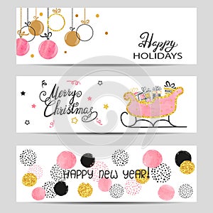 Merry Christmas and Happy New Year greeting banners set in pink, golden and black colors.