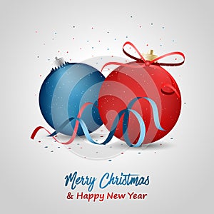 Merry Christmas and Happy New Year greeting with blue and red baubles, bow and ribbons.