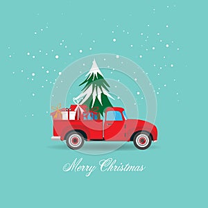 Merry Christmas and Happy New Year greeting card background with pickup truck with christmas tree and gift box - vector