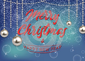 Merry Christmas and Happy New Year greeting card background with silver christmas balls on winter snowfall. Template for