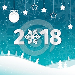 2018 Merry Christmas and Happy New Year greeting card background with snowflakes. Winter scene flat landscape background.