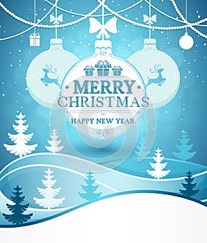 Merry Christmas and Happy New Year greeting card background on winter landscape with snowfall vector