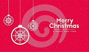 Merry Christmas and Happy New Year greeting card, banner, poster, flyer with white xmas ball and snowflakes. Vector illustration