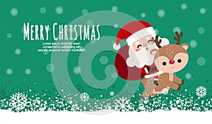 Merry Christmas and happy new year greeting card banner template with cute Santa Claus with gift, cartoon character in Christmas