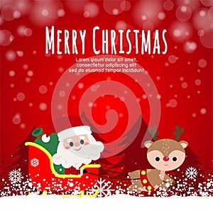 Merry Christmas and happy new year greeting card banner template with cute Santa Claus with gift, cartoon character in Christmas