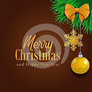 Merry christmas and happy new year greeting card with bauble sphere decoration with fir garland decoration with bauble, snowflake